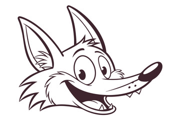 Outlined cartoon fox head cheerfully smiles with large ears, snout, and sharp teeth showing