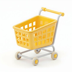 Miniature yellow shopping cart with gray handle and wheels isolated on white background
