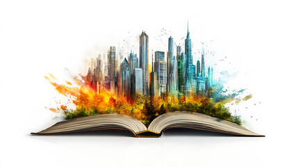 An open book with a vibrant cityscape emerging from its pages, blending urban architecture with natural elements.