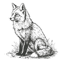 Naklejka premium Monochrome Fox Sitting in Grassy Patch a Detailed Line Art Depiction of Wildlife and Nature