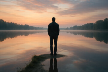 Solitary man on lakeside sandbar at pastel sunrise reflects on life choices as calm water mirrors sky, serene contemplative moment, generative AI