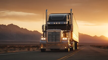 Vertical 9 16 semi truck on desert highway at sunset front view 4K .