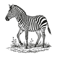 Monochromatic Zebra Illustration An African Equine with Distinctive Stripes Walking Through a Field of Grass and Small Plants in Black and White