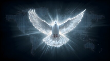 Glowing White Dove Over World Map