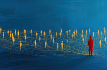 A solitary figure standing apart from a network of people