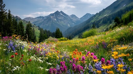 Naklejka premium vibrant wildflowers in alpine meadow serene mountain landscape springtime renewal earth day celebration nature s colorful beauty .