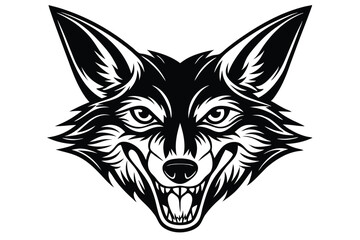 Intricate black fox head reveals sharp fangs against stark white background illustration