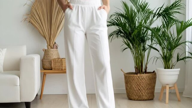 Woman in white pants with her hands in pockets posing in a stylishly decorated bright living room with plants and a sofa.