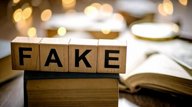 Wooden blocks spelling out the word 'Fake' arranged on a book with blurred vintage office supplies in the background.