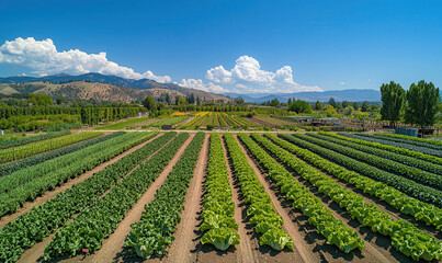 A vast expanse of meticulously organized vegetable and leafy green crops stretches across a farm