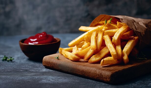 Golden French Fries in Paper Cone with Ketchup on Wooden Board