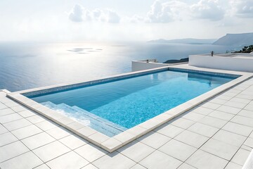Obraz premium A serene infinity pool overlooking the ocean with white tile and steps leading into the water edge