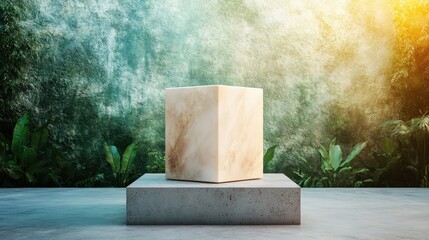 A stunning, minimalist marble cube set on a concrete pedestal in a nature-inspired environment, promoting concepts of simplicity, modern design, and harmonious relationships with surroundings.