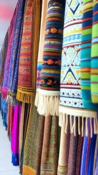 Colorful textile fabric display features vibrant, striped patterns with intricate woven designs and soft wool fringe details.