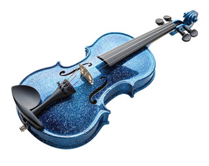 A vibrant blue glittery violin, angled view