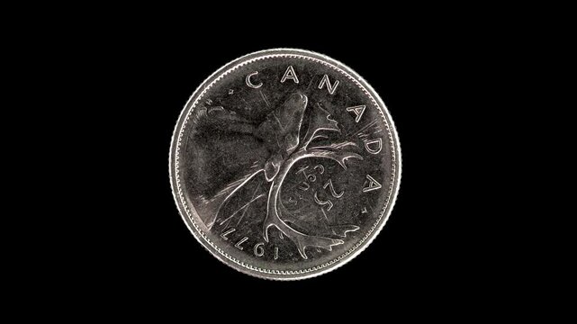 Canada 1977 25 cents coin reverse with caribou and denomination rotating on black background