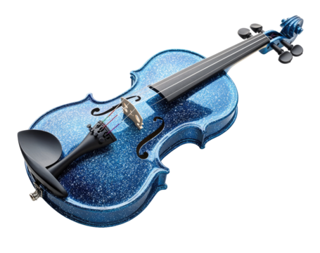 A vibrant blue glittery violin, angled view