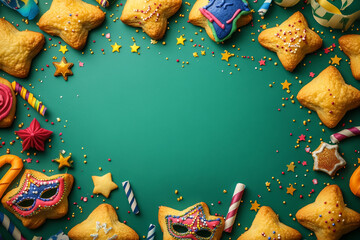 Festive star-shaped cookies and decorations arranged in a frame on a teal background