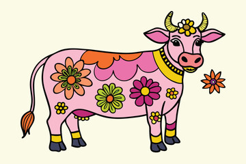 Pink floral cow standing with colorful accents showcases whimsical bovine character near a daisy
