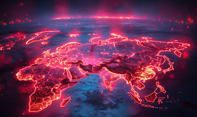 Futuristic world map view with red neon borders and data points highlighting global connectivity across Asia, Europe, and Africa.