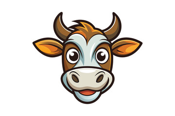 Happy cartoon cow with brown horns smiling at you isolated on white
