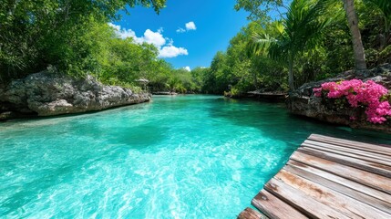 Obraz premium A picturesque tropical scene featuring crystal-clear turquoise waters surrounded by lush greenery and vibrant flowers, inviting relaxation and a sense of paradise.