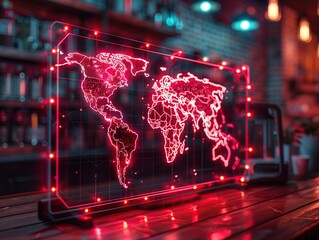A digital world map with bright red neon lights is displayed on a transparent screen, symbolizing global technology and connectivity.