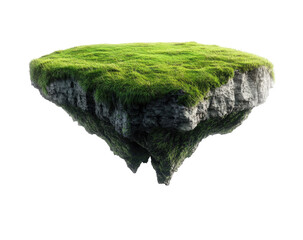 Floating, grassy island, rocky edges, isolated, on black