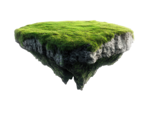Floating, grassy island, rocky edges, isolated, on black