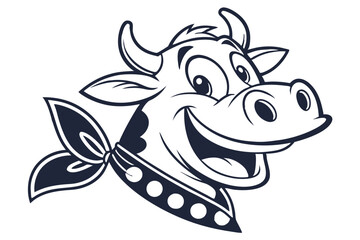 Smiling monochrome cartoon cow head with bandana showcases simplicity and charm in style
