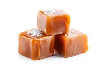 Three caramel cubes stacked and melted caramel chocolate dessert ketchup.