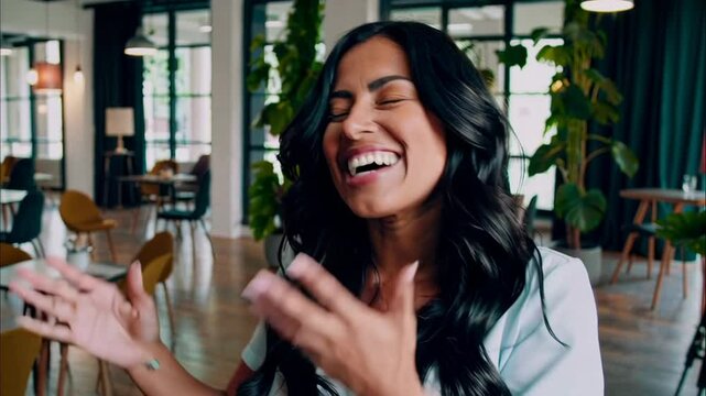 Intro, a charismatic latin woman welcomes the viewer into the studio, talking, laughing, and nodding. A digital avatar presentation.