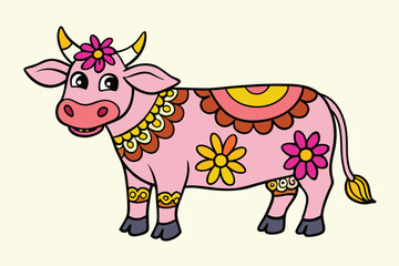 Decorated cartoon cow with floral patterns stands, rendered in a colorful illustrated style