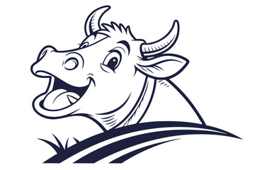 Happy cow head with horns laughs above the ground in black and white