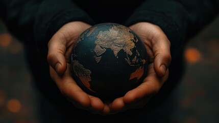Close-up of Hands Holding Dark Globe with World Map Design in Beautiful Natural Background, Concept of Global Environment and Unity, Focus on Earth Care