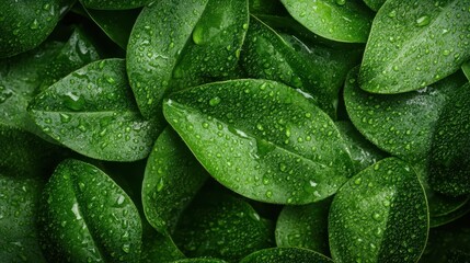 Obraz premium A stunning close-up of fresh green leaves adorned with sparkling water droplets, capturing the essence of nature's beauty and the refreshing feel of a dewy morning.