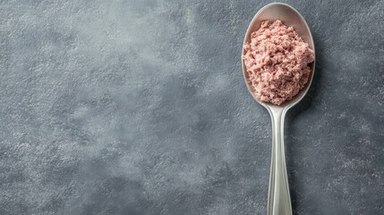 This image showcases a close-up of pink Himalayan salt on a sleek silver spoon, emphasizing its unique texture and color against a subtle gray background.