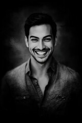 Obraz premium A black and white photo of a smiling man