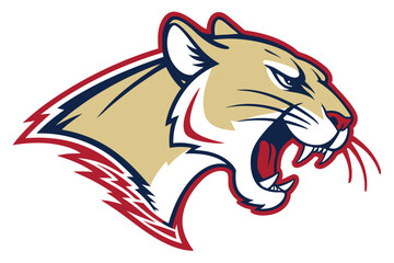 Fierce tan cougar roars with an open mouth in a dynamic navy and red outline