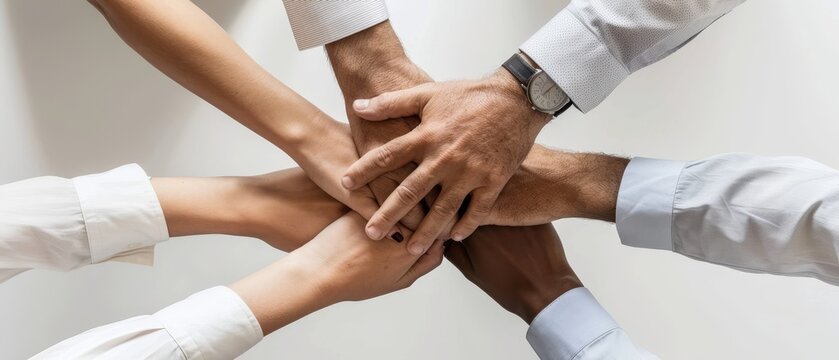 Hands of a diverse team come together in a display of unity and collaboration at a workplace meeting, fostering teamwork and cooperation Generative AI