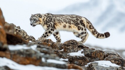 Obraz premium Snow leopard on rocky mountain