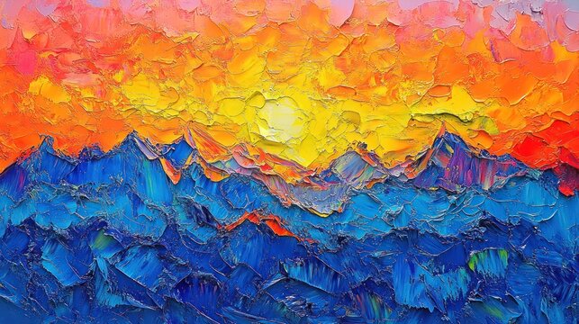 Vibrant sunset over majestic mountains. Textural impasto painting