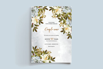 WEDDING INVITATION FRAME WITH FLOWER DECORATIONS AND FRESH LEAVES