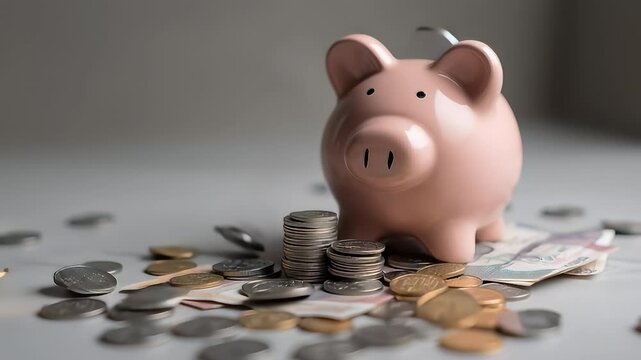 A piggy bank is filled with coins and bills. The coins are scattered around the piggy bank, with some of them piled on top of it. Concept of saving money and the importance of financial responsibility