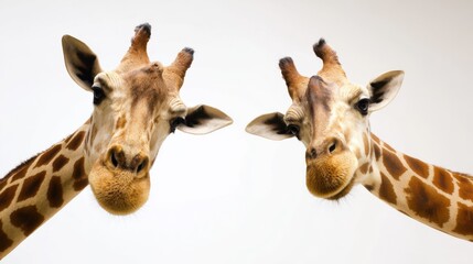 Naklejka premium Two giraffes looking at the camera with a white background