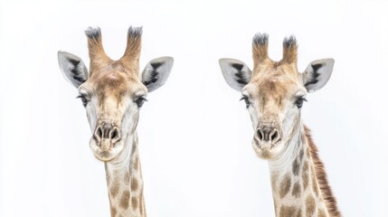 Obraz premium Two giraffes looking at the camera with a white background