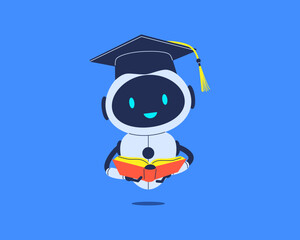 Smiling robot in graduation cap with book. Vector illustration for education, AI assistant or student chatbot