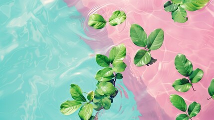 Fresh green leaves float on calm pastel water with pink and turquoise hues, creating a vibrant tropical and summer-inspired aesthetic.