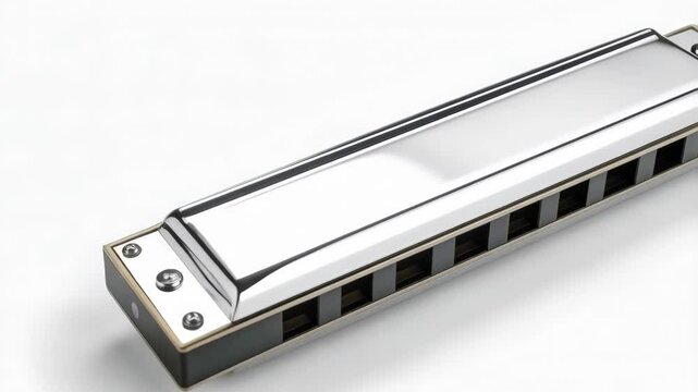 Close up of a shiny silver harmonica lying on white surface ready for playing a blues song or folk tune, reflecting light
