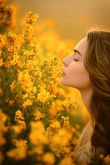 Naklejka premium A woman in a field of yellow flowers with her eyes closed